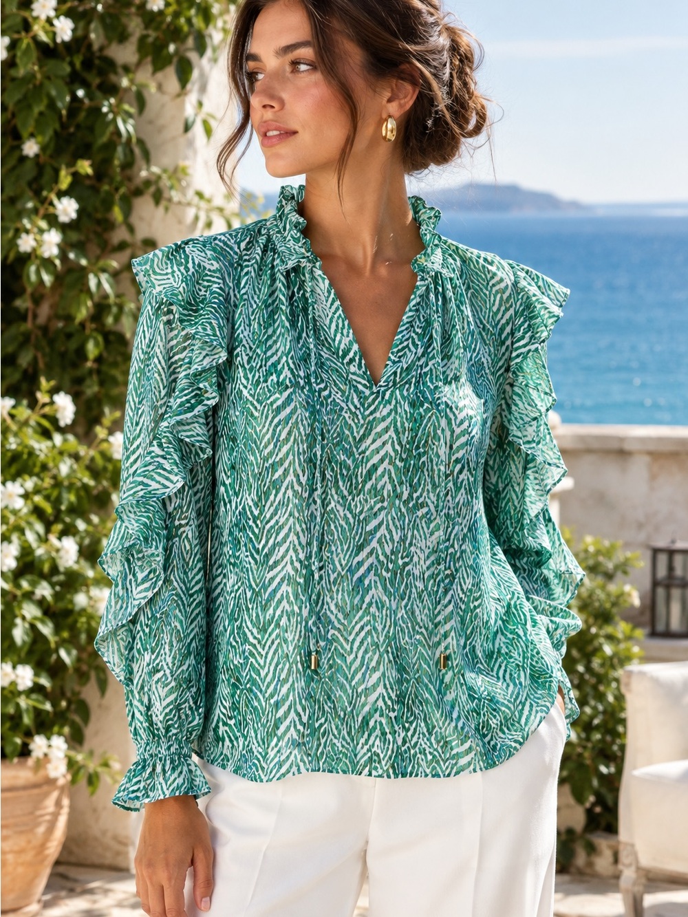 THML Green and White Metallic Chevron Stripe Semi-Sheer Ruffled Blouse, S